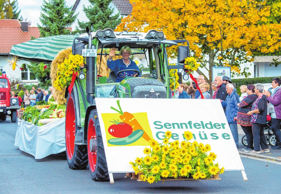 Das weithin bekannte Gemüse aus Sennfeld und die große Erntedankkrone (auf dem Wagen im Hintergrund) dürfen beim großen Festumzug natürlich nicht fehlen. FOTO: ANAND ANDERS Das weithin bekannte Gemüse aus Sennfeld und die große Erntedankkrone (auf dem Wagen im Hintergrund) dürfen beim großen Festumzug natürlich nicht fehlen. FOTO: ANAND ANDERS