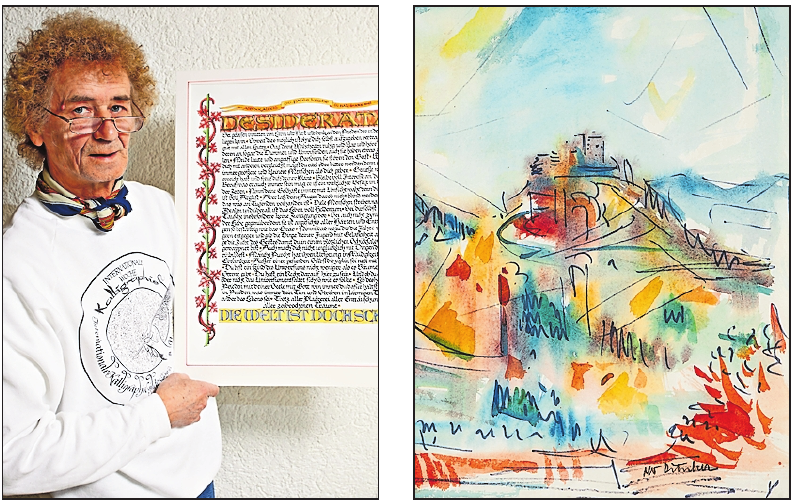 Zum Jubiläum werden erstmals Werke des Kalligraphen Helmut Hirmer (links) und des Malers Otto Ditscher („Trifels II“ von 1964) gemeinsam gezeigt. ARCHIVFOTOS: PFALZGALERIE/DUNKEL-HIRMER/FREI Zum Jubiläum werden erstmals Werke des Kalligraphen Helmut Hirmer (links) und des Malers Otto Ditscher („Trifels II“ von 1964) gemeinsam gezeigt. ARCHIVFOTOS: PFALZGALERIE/DUNKEL-HIRMER/FREI