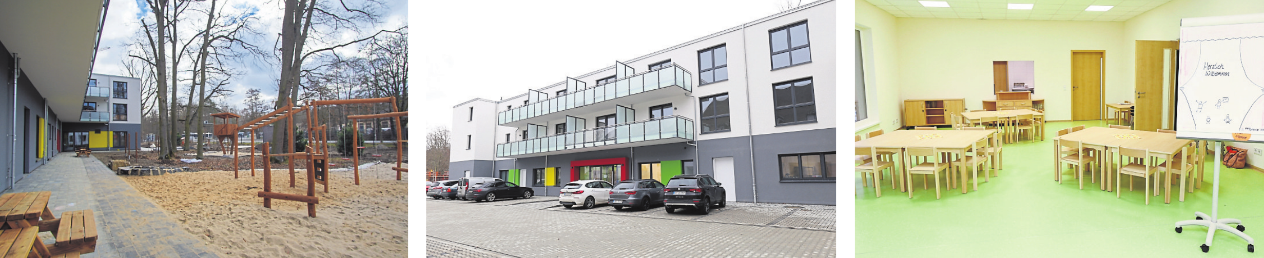 „Herzlich willkommen“: Sowohl von außen als auch von innen ist das neue Kinder- und Familienzentrum „Sophie Scholl“ freundlich und einladend gestaltet. Es befindet sich auf dem neu erschlossenen Gelände „Am Alten Flughafen“ und bietet Halb- und Ganztagsbetreuung mit zusätzlichen Fördermöglichkeiten. Fotos: Revikon/Alisha Weitze (l.), NHW/ Thomas Rohnke (m.,r.) „Herzlich willkommen“: Sowohl von außen als auch von innen ist das neue Kinder- und Familienzentrum „Sophie Scholl“ freundlich und einladend gestaltet. Es befindet sich auf dem neu erschlossenen Gelände „Am Alten Flughafen“ und bietet Halb- und Ganztagsbetreuung mit zusätzlichen Fördermöglichkeiten. Fotos: Revikon/Alisha Weitze (l.), NHW/ Thomas Rohnke (m.,r.)