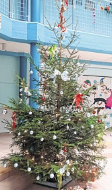 Der geschmückte Weihnachtsbaum im Atrium der Schule