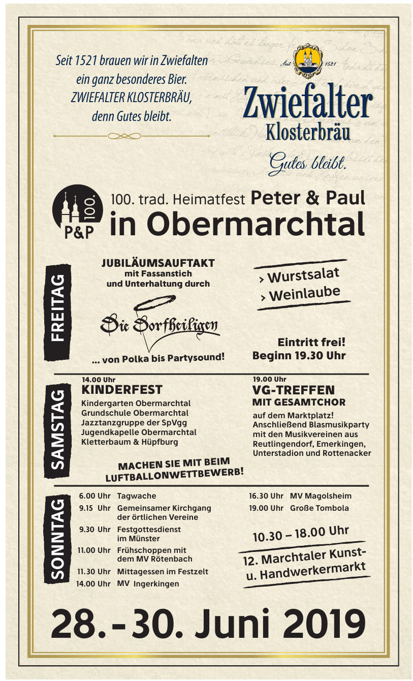100. trad. Heimatfest Peter & Paul in Obermarchtal 100. trad. Heimatfest Peter & Paul in Obermarchtal