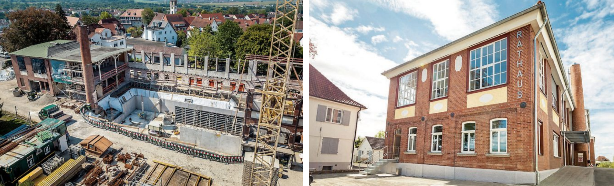 Im Bild links ist der vollständig entkernte Mittelteil der Kindlerschen Fabrik zu sehen. Rechts das neue Rathaus von Gomaringen. Bilder: Angela Hammer/Gemeinde Gomaringen
