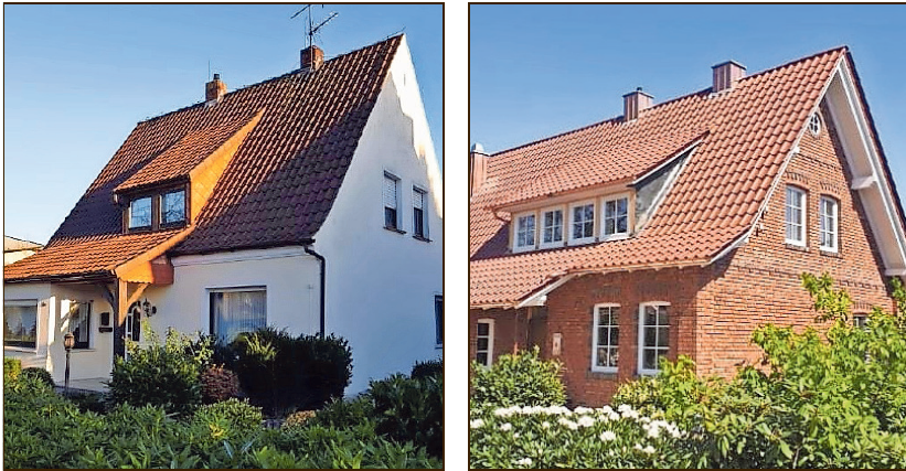 Vorher/nachher: Der Altbau (links) wurde kernsaniert und mit neuem Dach und neuer Fassade versehen.