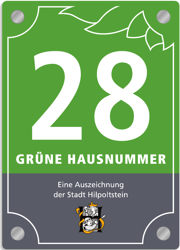 Mit der grünen Hausnummer belohnt die Stadt Hilpoltstein Bürger, die besonders umweltbewusst leben und Ressourcen schonen. Foto: ENA Mit der grünen Hausnummer belohnt die Stadt Hilpoltstein Bürger, die besonders umweltbewusst leben und Ressourcen schonen. Foto: ENA