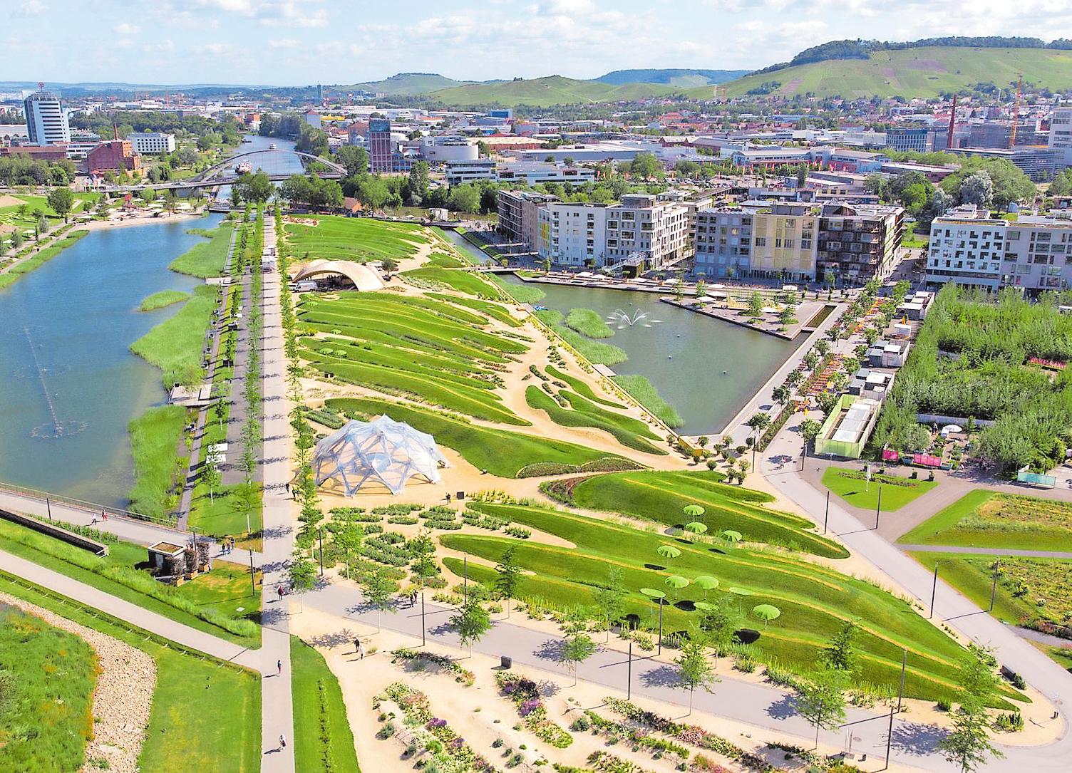 Eingebettet in grüne Infrastruktur steht die dichte Bebauung im Heilbronner Neckarbogenfür den Städtebau der Zukunft. FOTO: Buga Eingebettet in grüne Infrastruktur steht die dichte Bebauung im Heilbronner Neckarbogenfür den Städtebau der Zukunft. FOTO: Buga