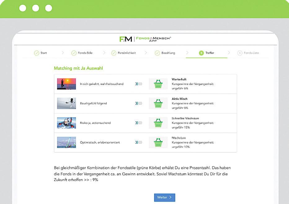 Screenshot von der App „Fonds & Mensch“. Die App ermöglicht es, passend zur jeweiligen Persönlichkeit die individuellen Anlageformen zu finden