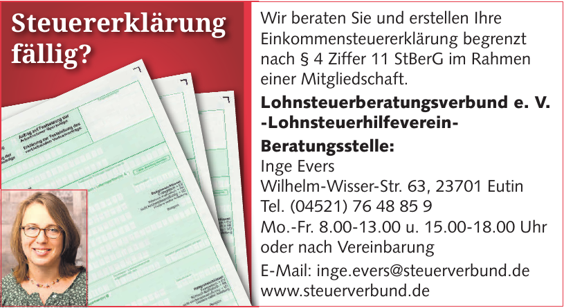 Lohnsteuerberatungsverbund e. V. -Lohnsteuerhilfeverein- Beratungsstelle: Inge Evers Lohnsteuerberatungsverbund e. V. -Lohnsteuerhilfeverein- Beratungsstelle: Inge Evers