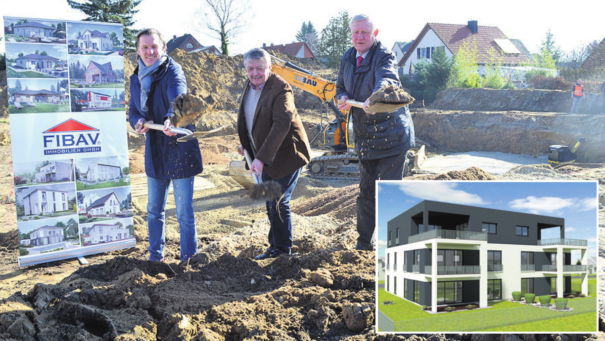 Der symbolische erste Spatenstich für das neue Wohnhaus in Vorsfelde (kl. Foto: FIBAV) mit Jens Lehnhoff, Projektleiter bei HS-Bau, Ortsbürgermeister Günter Lach und Manfred Koch, Projektentwicklung bei FIBAV (gr Foto v. l.). Der symbolische erste Spatenstich für das neue Wohnhaus in Vorsfelde (kl. Foto: FIBAV) mit Jens Lehnhoff, Projektleiter bei HS-Bau, Ortsbürgermeister Günter Lach und Manfred Koch, Projektentwicklung bei FIBAV (gr Foto v. l.).