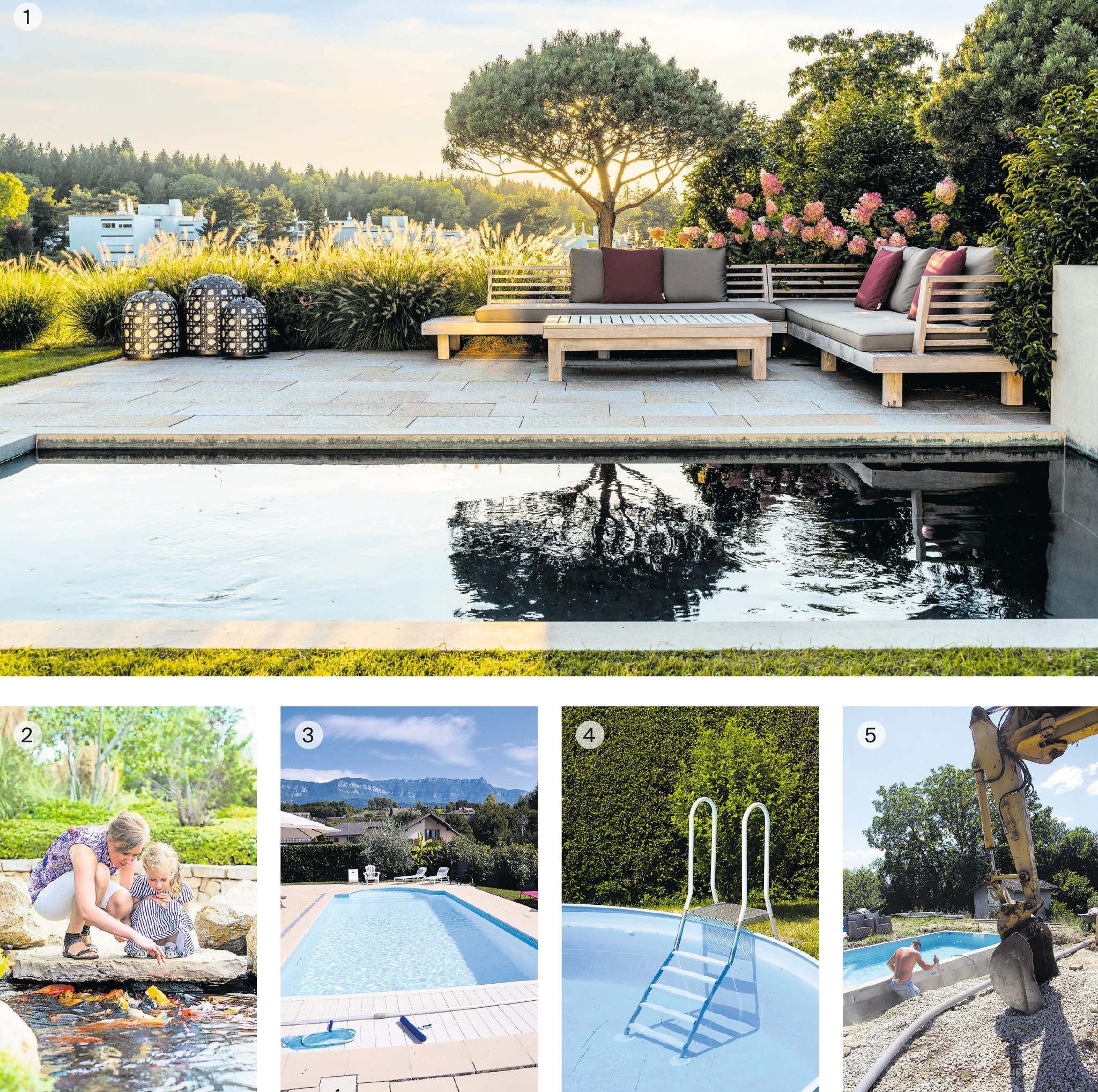 1 Der Stil des Pools kann sich ganz den eigenen Wünschen anpassen, und so wird der Pool zur Wohlfühloase. Bild: Berger Gartenbau. 2 Was wäre ein Gartenteich ohne seine dahingleitenden Bewohner, die man vom Ufer aus beobachten kann? Bild: Adobe Stock. 3 Ein eigenes Schwimmbecken wertet den Garten auf. Bild: Adobe Stock. 4 Für kleinere Budgets gibt es im Fachhandel aufklappbare Pools aus Kunststofffolie, die der ganzen Familie Abkühlung und Spass bringen. Bild: Adobe Stock. 5 Ein Pool oder ein Teich im Garten ist eine grössere Anschaffung, da einschneidende Gartenarbeiten für die Realisierung nötig sind. Bild: Adobe Stock 1 Der Stil des Pools kann sich ganz den eigenen Wünschen anpassen, und so wird der Pool zur Wohlfühloase. Bild: Berger Gartenbau. 2 Was wäre ein Gartenteich ohne seine dahingleitenden Bewohner, die man vom Ufer aus beobachten kann? Bild: Adobe Stock. 3 Ein eigenes Schwimmbecken wertet den Garten auf. Bild: Adobe Stock. 4 Für kleinere Budgets gibt es im Fachhandel aufklappbare Pools aus Kunststofffolie, die der ganzen Familie Abkühlung und Spass bringen. Bild: Adobe Stock. 5 Ein Pool oder ein Teich im Garten ist eine grössere Anschaffung, da einschneidende Gartenarbeiten für die Realisierung nötig sind. Bild: Adobe Stock