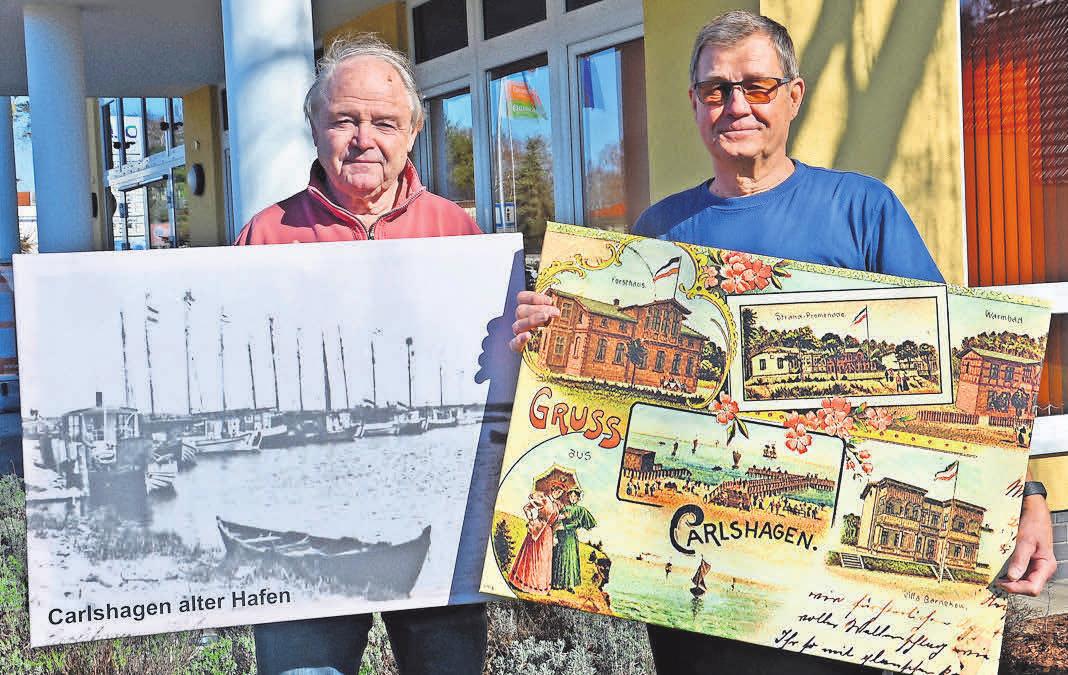 Rainer Virgils (li.) und Horst Lewerenz präsentieren die Bildertafeln über die Geschichte Karlshagens. Foto: KV Karlshagen Rainer Virgils (li.) und Horst Lewerenz präsentieren die Bildertafeln über die Geschichte Karlshagens. Foto: KV Karlshagen