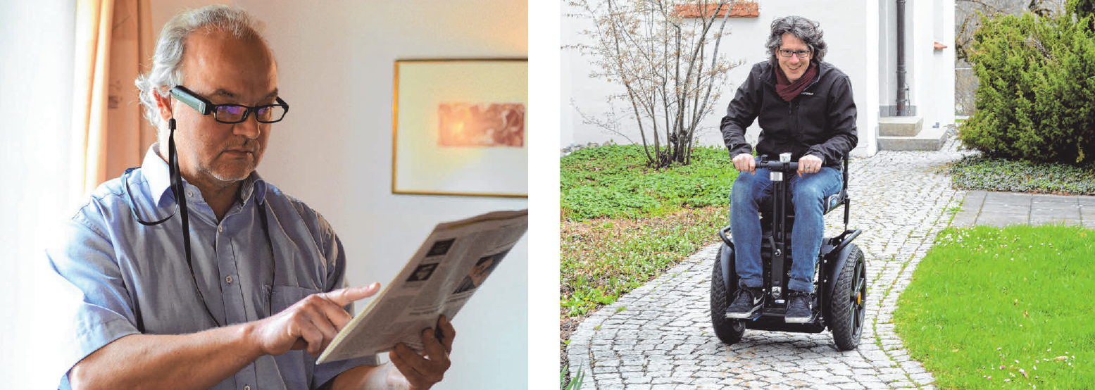Die OrCam liest Dr. Andreas Hub die Zeitung vor (l.). Redakteur Christoph Schneider testet den AddSeat in Mittelbiberach . FOTOS: CS Die OrCam liest Dr. Andreas Hub die Zeitung vor (l.). Redakteur Christoph Schneider testet den AddSeat in Mittelbiberach . FOTOS: CS