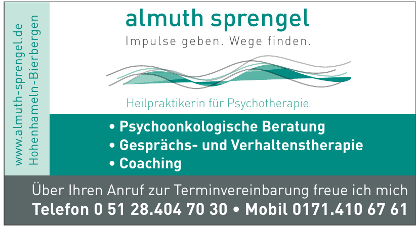 Almuth Sprengel Heilpraktikerin für Psychotherapie Almuth Sprengel Heilpraktikerin für Psychotherapie