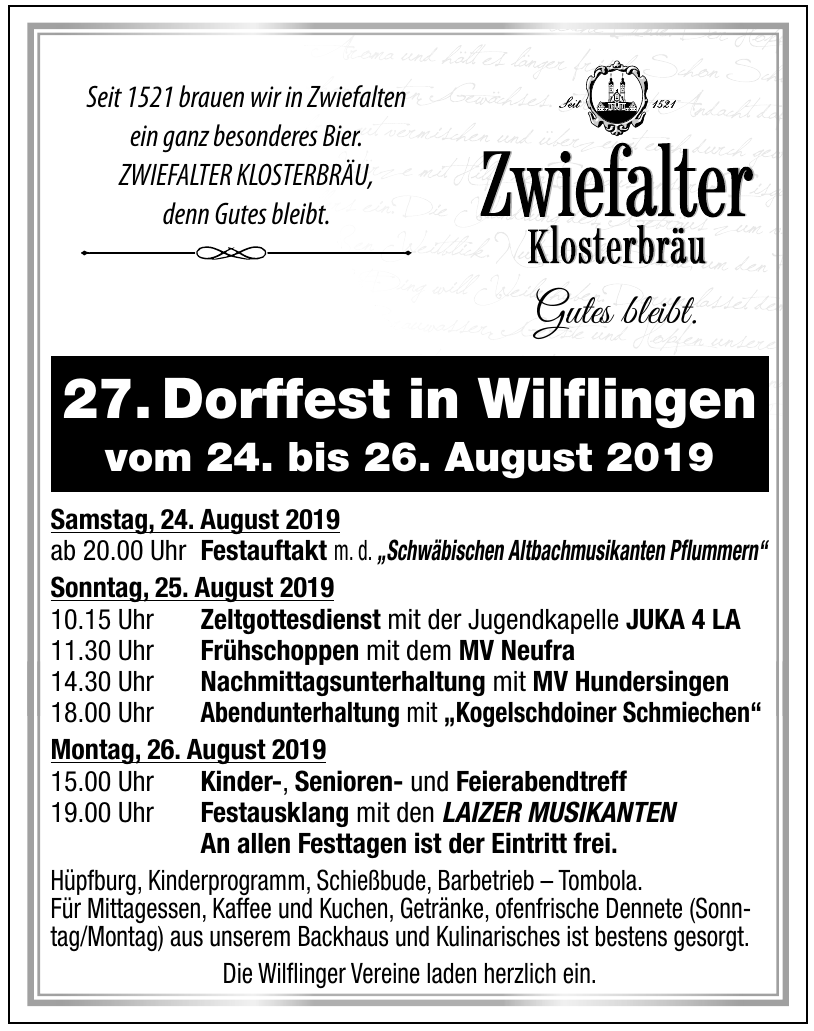 27. Dorffest in Wilflingen 27. Dorffest in Wilflingen