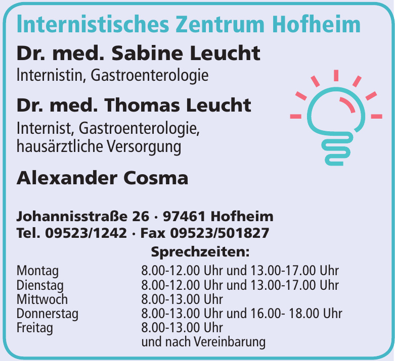 lnternistisches Zentrum Hofheim - Dr. med. Sabine Leucht, Dr. med. Thomas Leucht lnternistisches Zentrum Hofheim - Dr. med. Sabine Leucht, Dr. med. Thomas Leucht