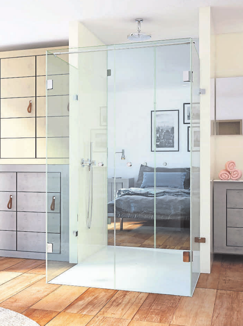 Der zweiseitige Zugang zur Duschkabine dient als Verbindung von Bad und Schlafzimmer. Foto: Glassdouche GmbH Der zweiseitige Zugang zur Duschkabine dient als Verbindung von Bad und Schlafzimmer. Foto: Glassdouche GmbH