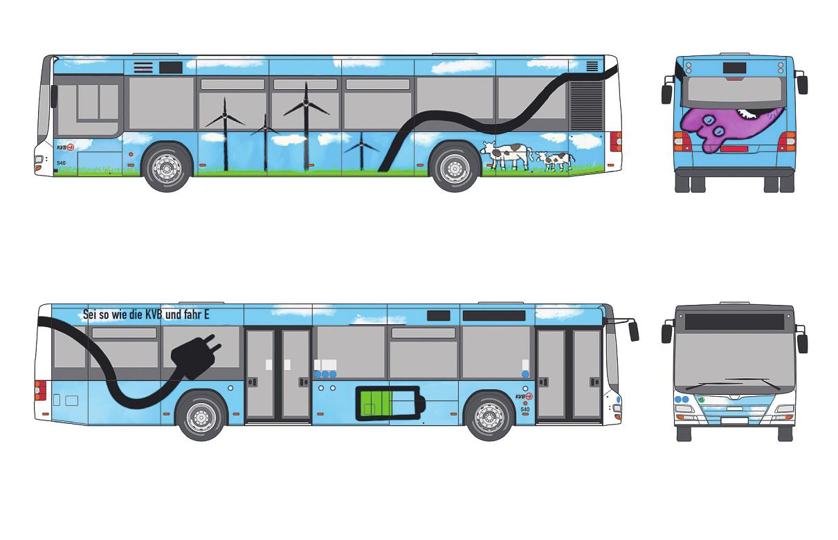 Johannes-Gutenberg-Realschule Köln, Klasse 9b: Die Windräder stehen für die neue Energiegewinnung, die Kühe für eine saubere Umwelt. Unser Slogan soll Autofahrer/innen dazu anspornen, noch mehr auf E-Mobilität zu setzen. Deshalb: „Sei so wie die KVB und fahr E“ Johannes-Gutenberg-Realschule Köln, Klasse 9b: Die Windräder stehen für die neue Energiegewinnung, die Kühe für eine saubere Umwelt. Unser Slogan soll Autofahrer/innen dazu anspornen, noch mehr auf E-Mobilität zu setzen. Deshalb: „Sei so wie die KVB und fahr E“