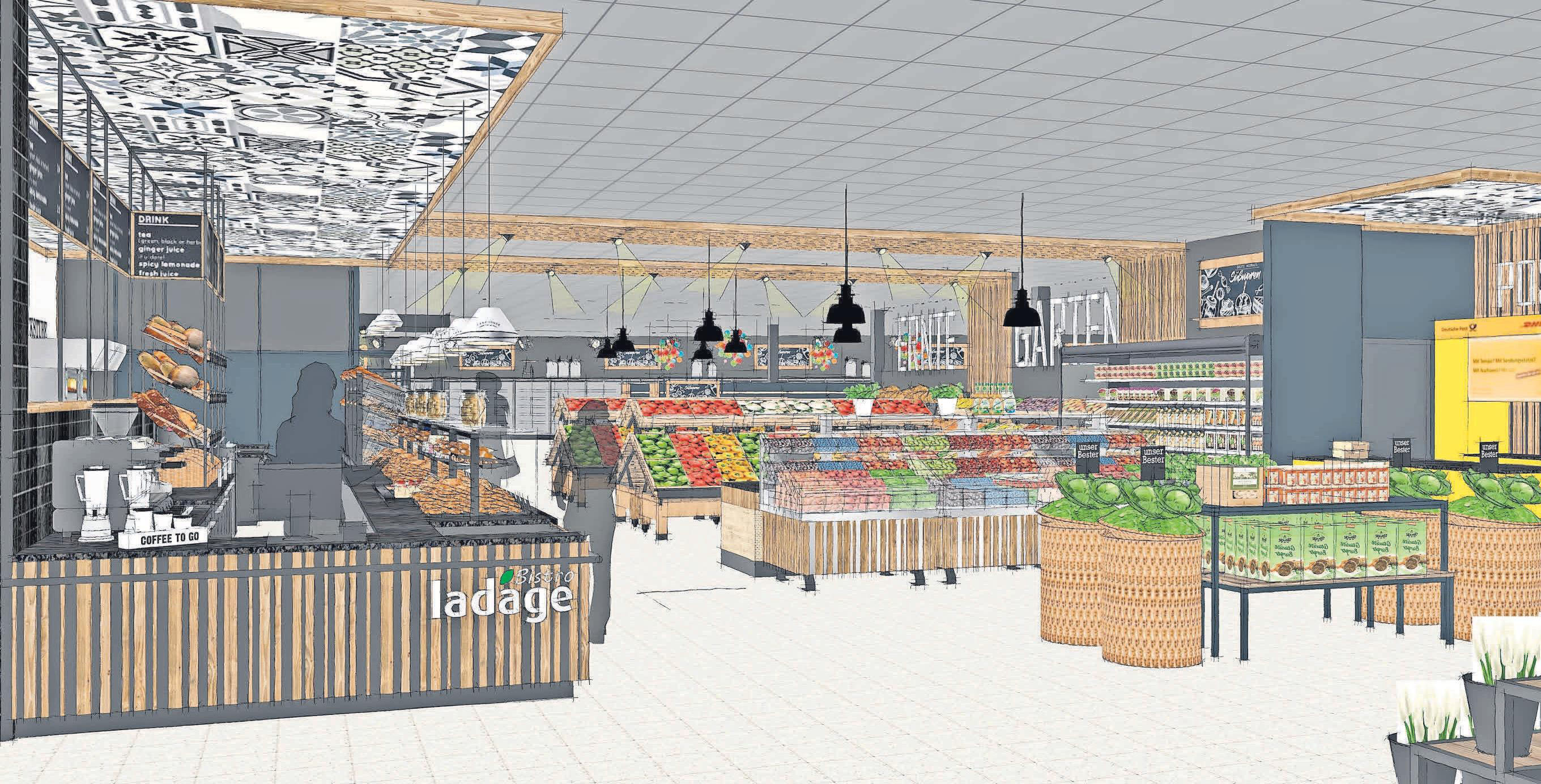 So wie auf dieser Animation sieht der Markt nach dem Umbau aus: Im Eingangsbereich links befindet sich der Backshop, gegenüber die Obst- und Gemüse-Frischeabteilung. Foto: Ladage-Planungsbüro So wie auf dieser Animation sieht der Markt nach dem Umbau aus: Im Eingangsbereich links befindet sich der Backshop, gegenüber die Obst- und Gemüse-Frischeabteilung. Foto: Ladage-Planungsbüro