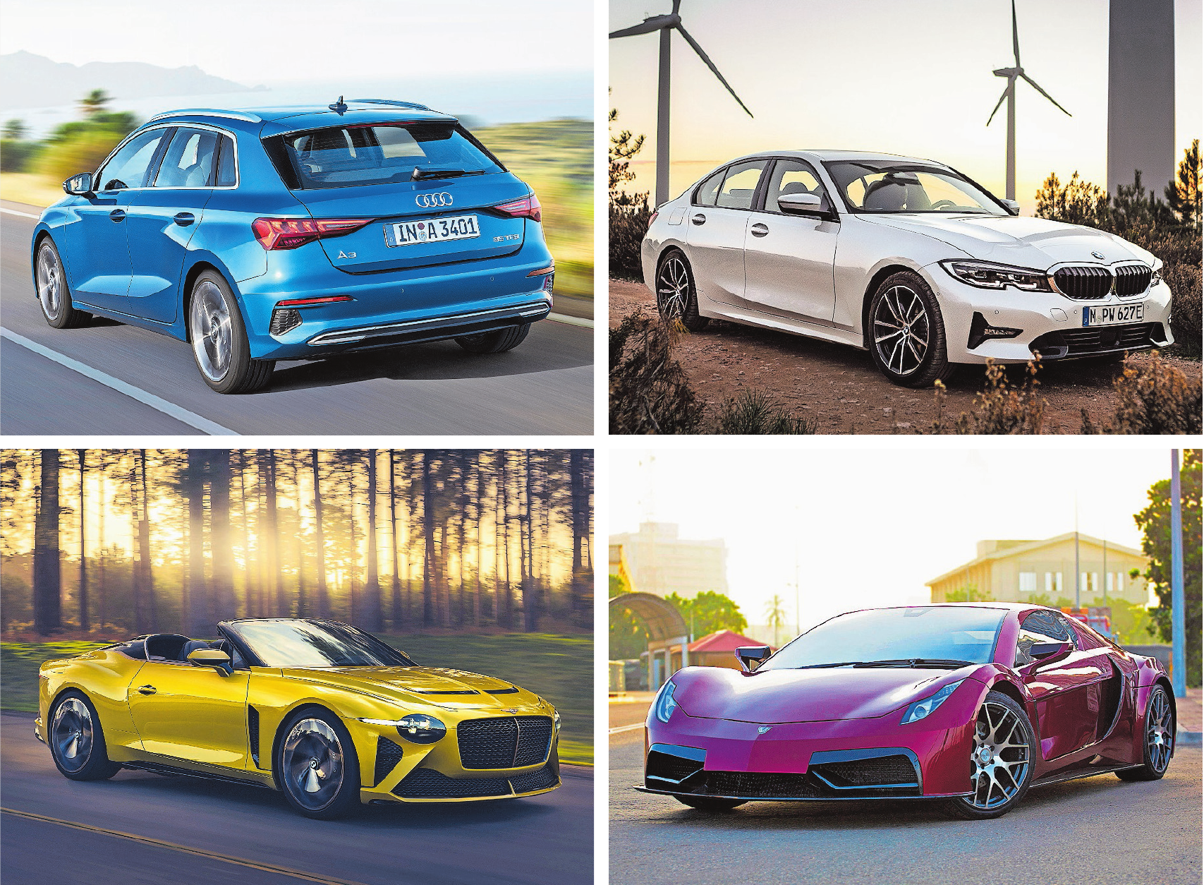 Wären in Genf gewesen: Der Audi A3 in der Farbe Atoll Blue, BMWs elektrisch betriebener weisser 330e Touring, der rote Elektrosportwagen Vega EVX 640 und der spektakuläre, aber bereits ausverkaufte Bentley Mulliner Bacalar. Bilder: Tom Bauer, Wilfried Wulff, PD, Mark Fagelson Photography