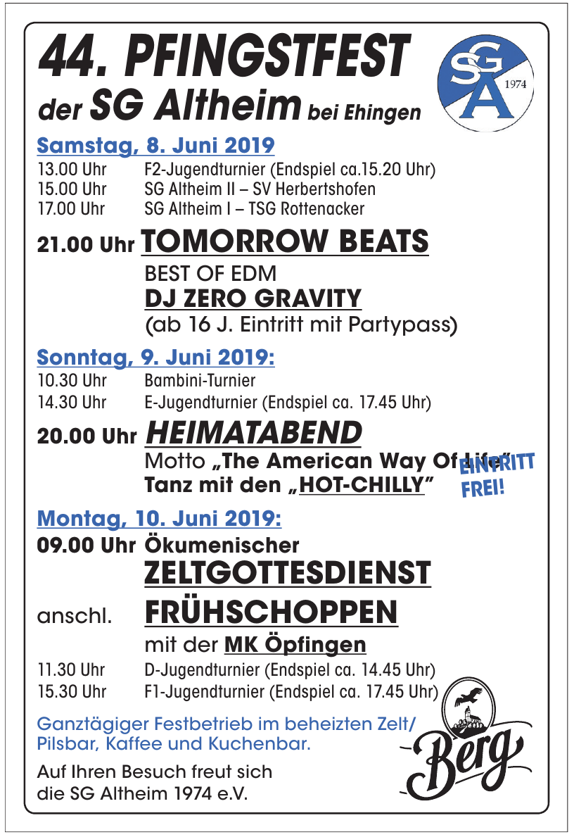 44. Pfingstfest der SG Altheim bei Ehingen 44. Pfingstfest der SG Altheim bei Ehingen