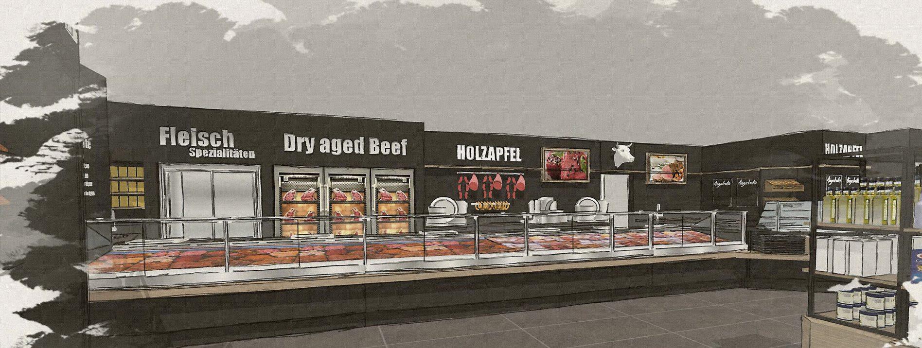 Auf der Skizze ist zu sehen, wie der zukünftige Verkaufsraum aussehen soll. Das Herzstück wird der „Dry Ager“ sein, ein Reifeschrank, in dem das Fleisch veredelt wird.