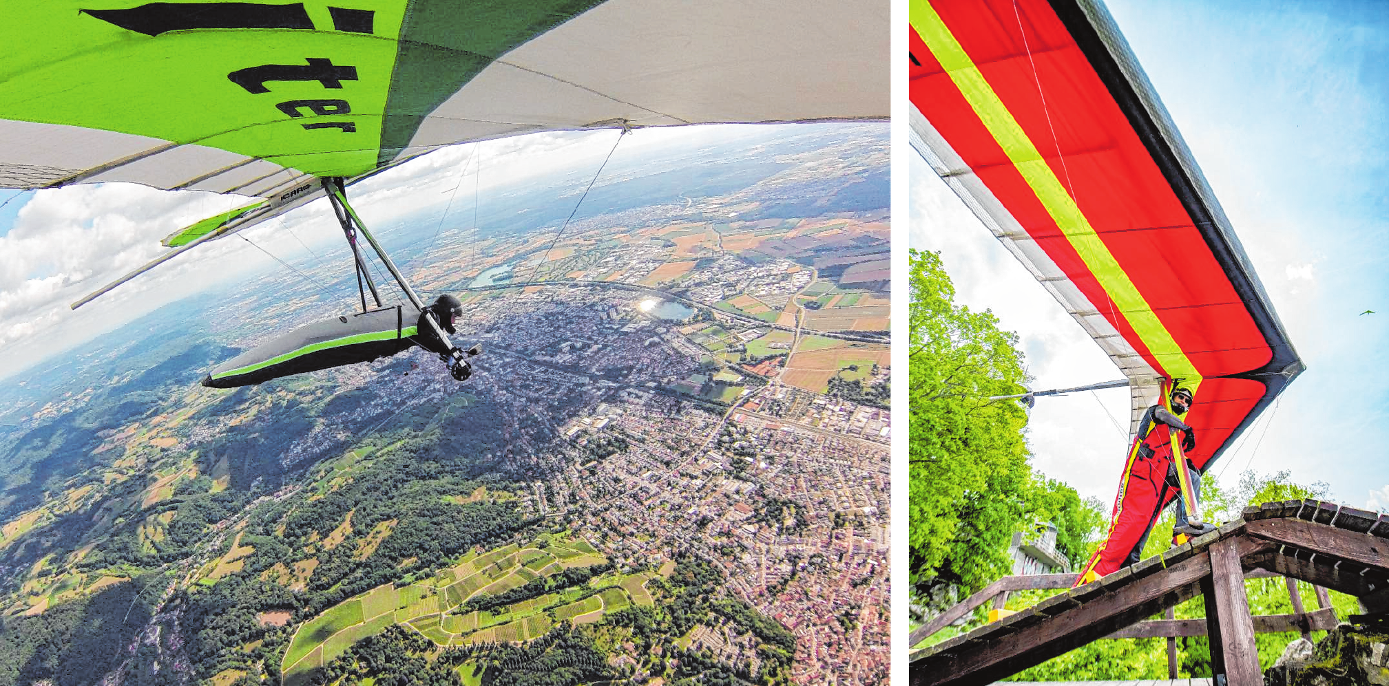 Wenn Thomas Jetter vom Melibokus abhebt, läuft immer die Kamera mit (Bild links). Fantastische Ausblicke auf die Bergstraße gibt’s inklusive. Im Bild rechts: Vereinskollege Thomas Dengler auf der Rampe kurz vor dem Start. | Bilder: Thomas Jetter, Thomas Neu Wenn Thomas Jetter vom Melibokus abhebt, läuft immer die Kamera mit (Bild links). Fantastische Ausblicke auf die Bergstraße gibt’s inklusive. Im Bild rechts: Vereinskollege Thomas Dengler auf der Rampe kurz vor dem Start. | Bilder: Thomas Jetter, Thomas Neu