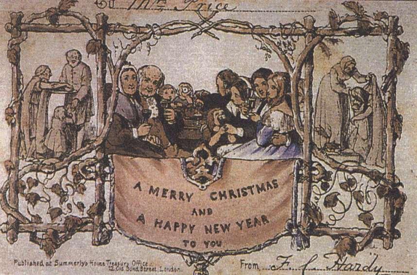 Die erste ihrer Art. Diese Weihnachtskarte wurde in England entworfen, im Jahr 1843. Eine feiernde Familie mit Eltern, Tanten und Onkel war darauf zu sehen. Dass auch ein Kleinkind am Weinglas nippte, rief Kritiker auf den Plan.
