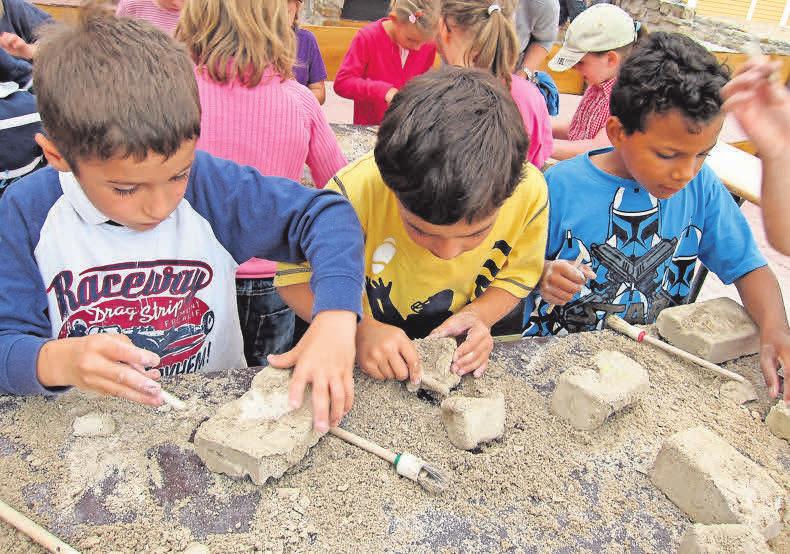 Mit Begeisterung sind die Kids beim Bergen eines Fossils oder Skeletts dabei. Mit Begeisterung sind die Kids beim Bergen eines Fossils oder Skeletts dabei.