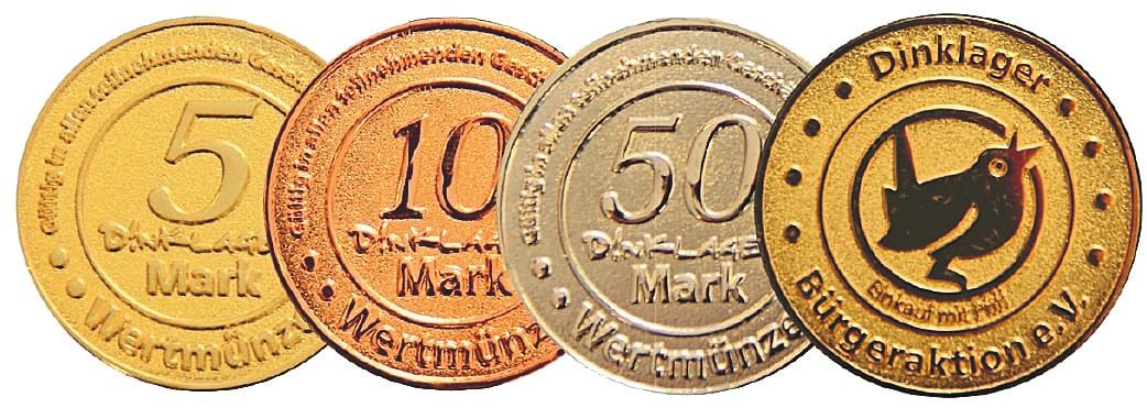 Das Einkaufen mit der Dinklager Mark ist kinderleicht: Der Umrechnungskurs beträgt 1:1, sodass 5 Dinklager Mark 5 Euro, 10 Dinklager Mark 10 Euro und 50 Dinklager Mark 50 Euro entsprechen.