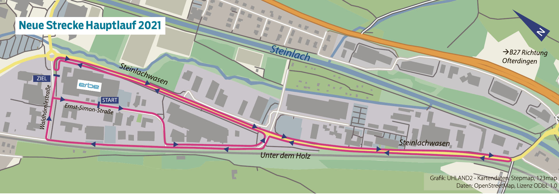 Start des Hauptlaufs ist in der Ernst-Simon-Straße. Die Strecke führt um das Erbe Firmengebäude, dann hinunter über den „Steinlachwasen“. Kurz vor demKreisel zur B27 geht es wieder zurück über „Unter dem Holz“ und biegt zur Waldhörnlestraße ab, bevor es erneut in die Ernst-Simon-Straße geht. Es werden 2,5 Runden gelaufen.