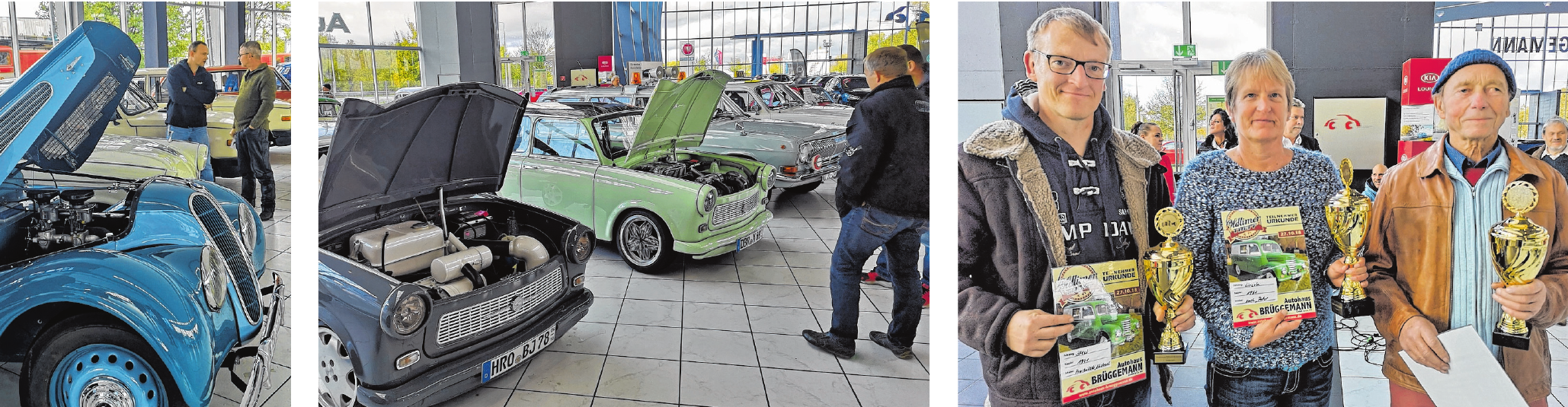 Natürlich wurde auch unter die Motorhaube geschaut. Schwelgen in Erinnerungen: Besonders die Trabbis standen bei den Besuchern unter besonderer Aufmerksamkeit. Das sind die diesjährigen Gewinner des 2. Oldtimer Treff im Autohaus Brüggemann. Natürlich wurde auch unter die Motorhaube geschaut. Schwelgen in Erinnerungen: Besonders die Trabbis standen bei den Besuchern unter besonderer Aufmerksamkeit. Das sind die diesjährigen Gewinner des 2. Oldtimer Treff im Autohaus Brüggemann.
