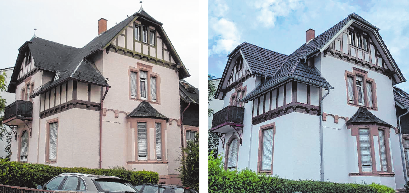 Das Gebäude Darmstädter Straße 120 steht unter Denkmalschutz. Durch die hellere Farbgebung – anstelle von Rosa – kommen Fachwerk und Sandsteinoptik rund um die Fenster noch besser zur Geltung. Bilder: Stadt Bensheim