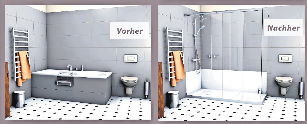 WANNE WEG, DUSCHE REIN: So kann ein sicheres, barrierefreies Badezimmer aussehen. Foto: Curabad WANNE WEG, DUSCHE REIN: So kann ein sicheres, barrierefreies Badezimmer aussehen. Foto: Curabad
