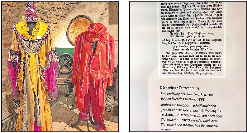 Die ersten Kostüme von Dania Mayer und Reiner Wendt sind ebenfalls ausgestellt. Er symbolisiert den Rotwein, sie eine Mischung aus Weißwein und Rosé. Funfakt: Die Dürkheimer Zeitrechnung teilt sich in vor und nach Wurstmarkt. FOTOS: LAI Die ersten Kostüme von Dania Mayer und Reiner Wendt sind ebenfalls ausgestellt. Er symbolisiert den Rotwein, sie eine Mischung aus Weißwein und Rosé. Funfakt: Die Dürkheimer Zeitrechnung teilt sich in vor und nach Wurstmarkt. FOTOS: LAI