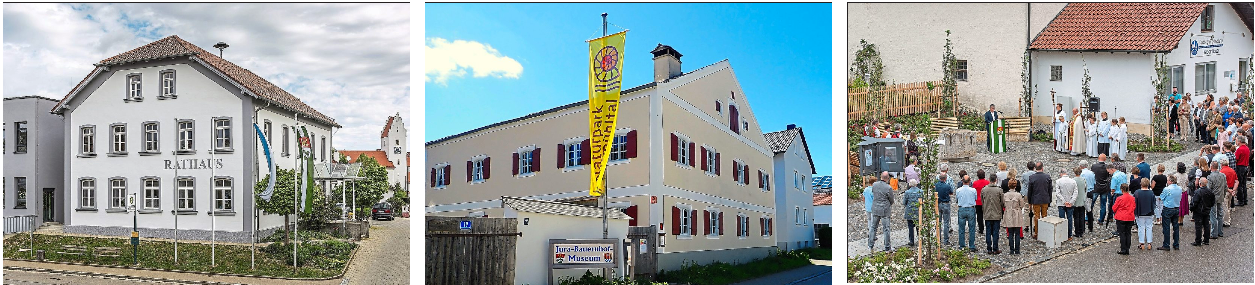 Hitzhofen – auf dem linken Bild mit Rathaus (Grundschule, links und Kirche, rechts im Hintergrund) ist der namensgebende Ortsteil. Sehenswert ist auf jeden Fall das Jura-Bauernhof-Museum (Bild Mitte), und von einem regen Gemeindeleben zeugt nicht zuletzt das Bild rechts, das bei der Dorfplatzeinweihung in Hofstetten entstand. Fotos: Marin Pauleser Hitzhofen – auf dem linken Bild mit Rathaus (Grundschule, links und Kirche, rechts im Hintergrund) ist der namensgebende Ortsteil. Sehenswert ist auf jeden Fall das Jura-Bauernhof-Museum (Bild Mitte), und von einem regen Gemeindeleben zeugt nicht zuletzt das Bild rechts, das bei der Dorfplatzeinweihung in Hofstetten entstand. Fotos: Marin Pauleser