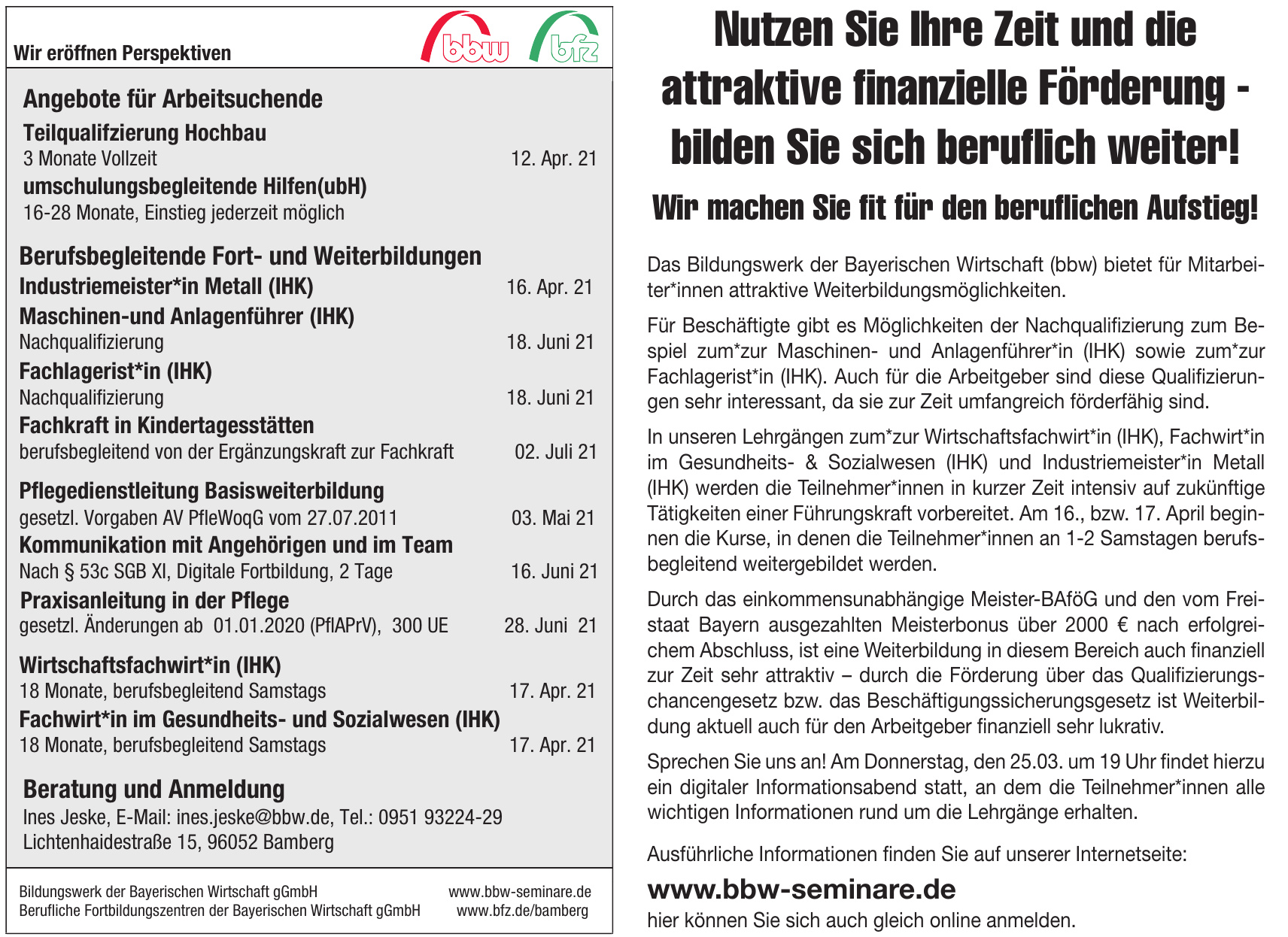 bbw Bildungswerk der Bayerischen Wirtschaft gGmbH bbw Bildungswerk der Bayerischen Wirtschaft gGmbH