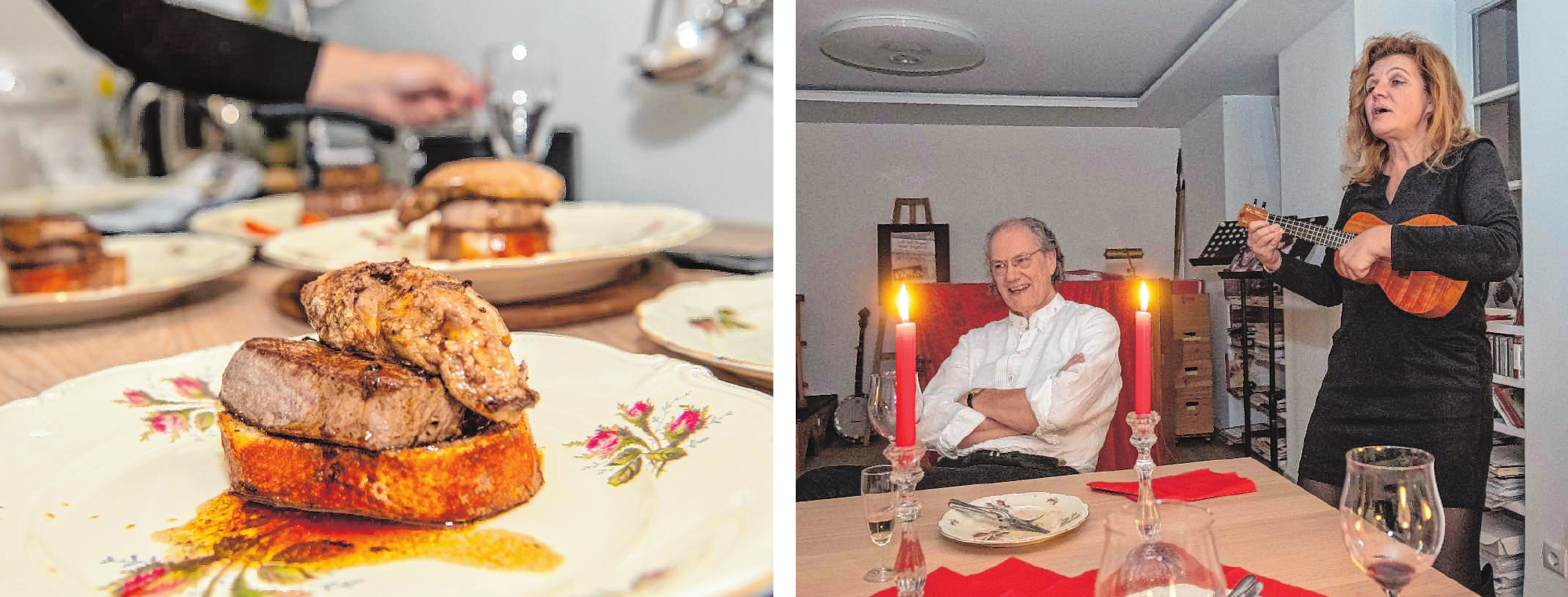Jeanette Giese und ihr Partner Peter Moss servierten für das Stadtmagazin neben musikalischen Einlagen einen Klassiker aus der französischen Küche: Tournedos Rossini. / Bilder: Thomas Neu Jeanette Giese und ihr Partner Peter Moss servierten für das Stadtmagazin neben musikalischen Einlagen einen Klassiker aus der französischen Küche: Tournedos Rossini. / Bilder: Thomas Neu