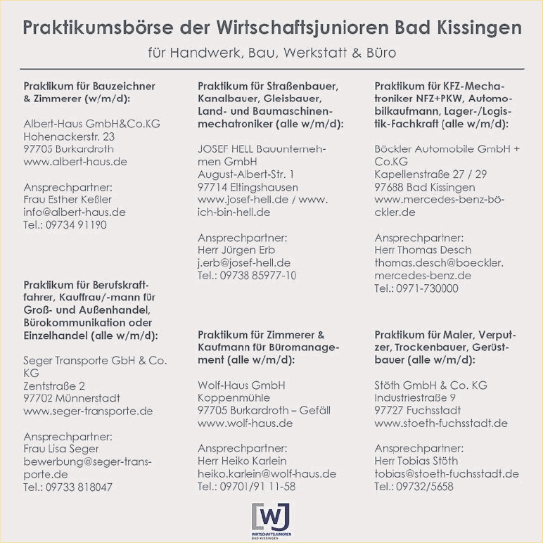 Praktikumsbörse der Wirtschaftsjunioren Bad Kissingen Praktikumsbörse der Wirtschaftsjunioren Bad Kissingen