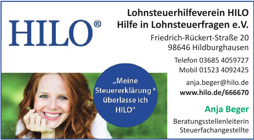 Lohnsteuerhilfeverein HILO Hilfe in Lohnsteuerfragen e.V. - Anja Bger Lohnsteuerhilfeverein HILO Hilfe in Lohnsteuerfragen e.V. - Anja Bger