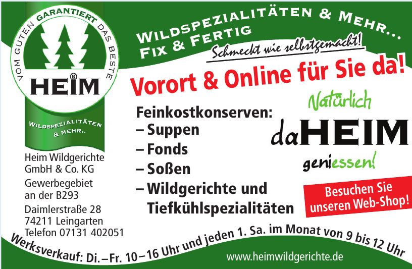Heim Wildgerichte GmbH & Co. KG Heim Wildgerichte GmbH & Co. KG