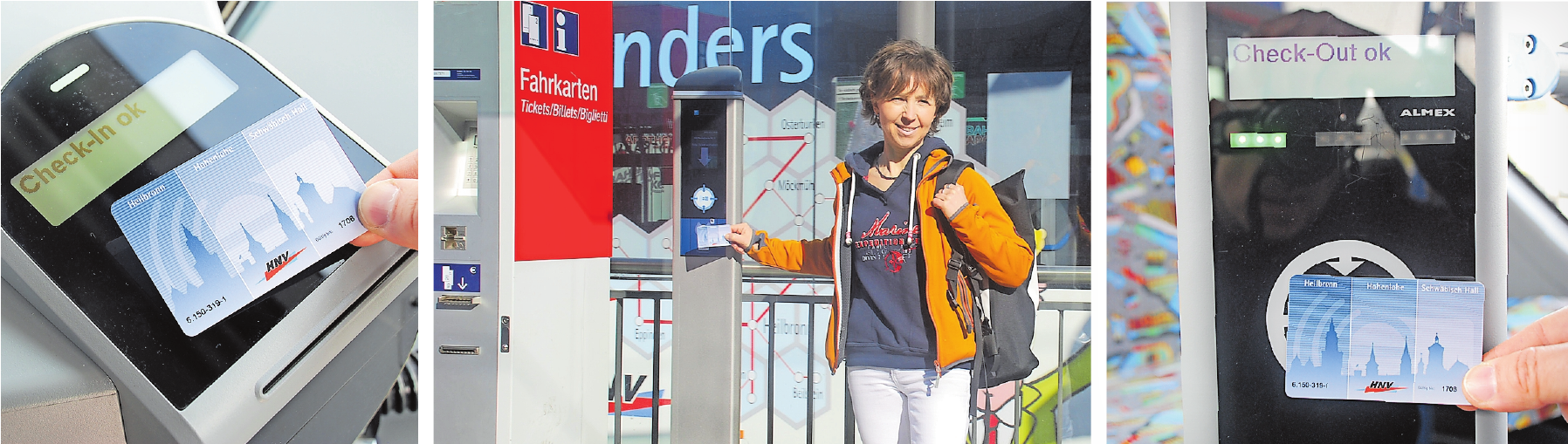 Mit dem (((eTicket vom HNV ist man bargeldlos unterwegs. Einfach per Chipkarte ein- und auschecken. Abgerechnet wird automatisch. Terminals gibt es am Bahnsteig und in den Bussen. Foto: HNV Mit dem (((eTicket vom HNV ist man bargeldlos unterwegs. Einfach per Chipkarte ein- und auschecken. Abgerechnet wird automatisch. Terminals gibt es am Bahnsteig und in den Bussen. Foto: HNV