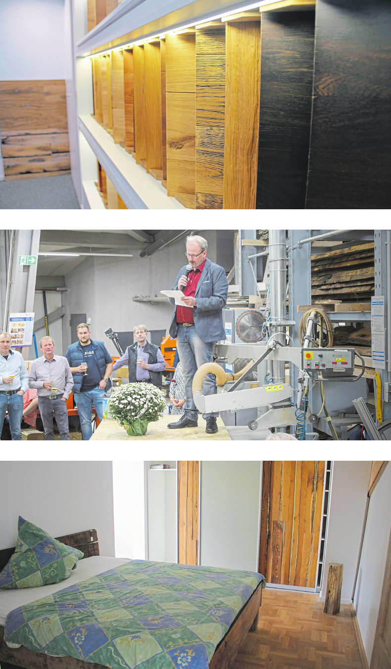 Aus zwölf verschiedenen Oberflächen und Kollektionen können die Kunden wählen (oben). Markus Holtmann während seiner Laudatio – auf der Kreissäge (Mitte). Beispielsweise lassen sich Betten mit den historischen Althölzern bauen. Aus zwölf verschiedenen Oberflächen und Kollektionen können die Kunden wählen (oben). Markus Holtmann während seiner Laudatio – auf der Kreissäge (Mitte). Beispielsweise lassen sich Betten mit den historischen Althölzern bauen.