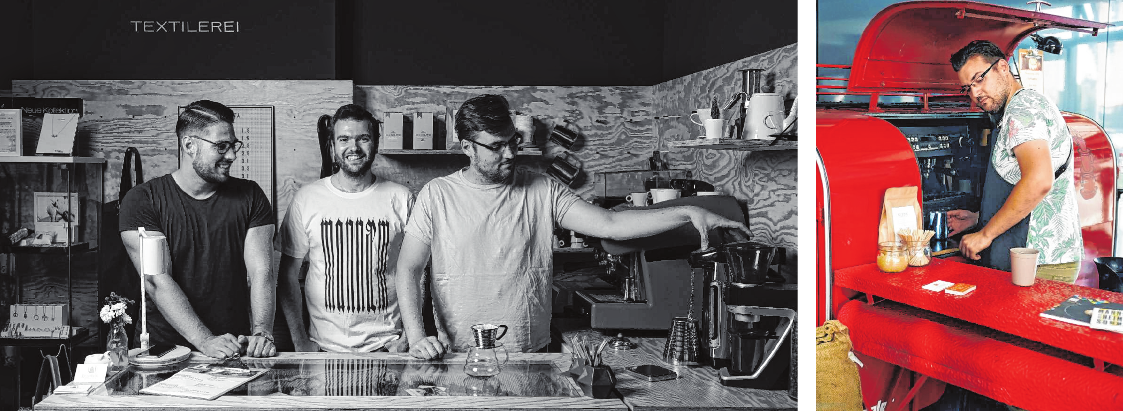 David, Florian und Chris (von links) haben Pourista gegründet. Die mobile Kaffeebar ergänzt die beiden Läden in den Quadraten und im Jungbusch. BILDER: DANIEL WETZEL/GILBHART David, Florian und Chris (von links) haben Pourista gegründet. Die mobile Kaffeebar ergänzt die beiden Läden in den Quadraten und im Jungbusch. BILDER: DANIEL WETZEL/GILBHART