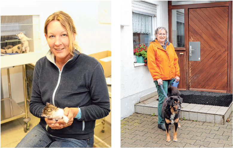 Tierpflegerin Tanja Bernhard füttert die wenige Wochen alten Katzenbabys mit der Spritze. Astrid Weber mit Hund Rocky. FOTOS: TSCH Tierpflegerin Tanja Bernhard füttert die wenige Wochen alten Katzenbabys mit der Spritze. Astrid Weber mit Hund Rocky. FOTOS: TSCH