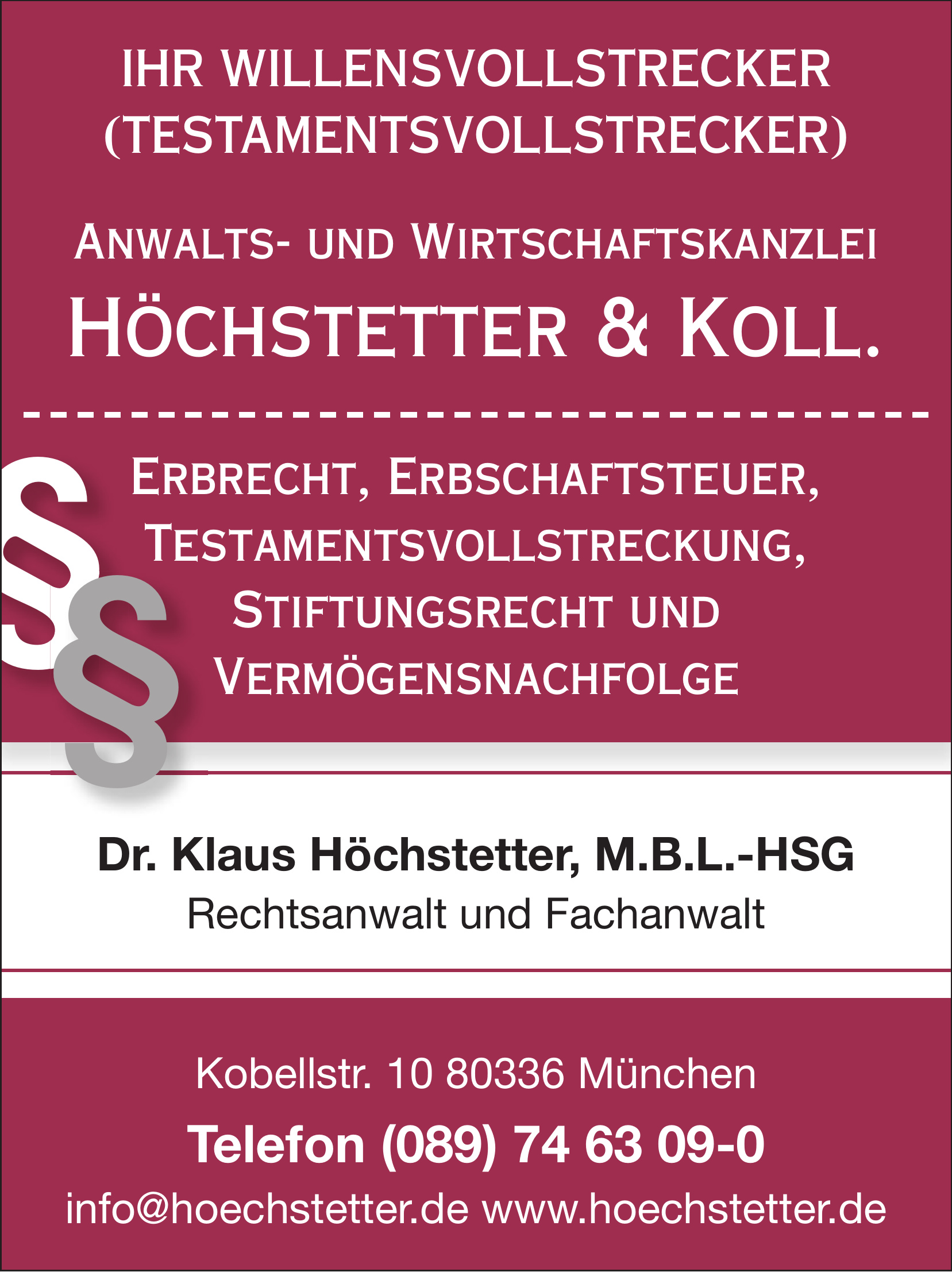 Dr. Klaus Höchstetter, M.B.L.-HSG Rechtsanwalt und Fachanwalt