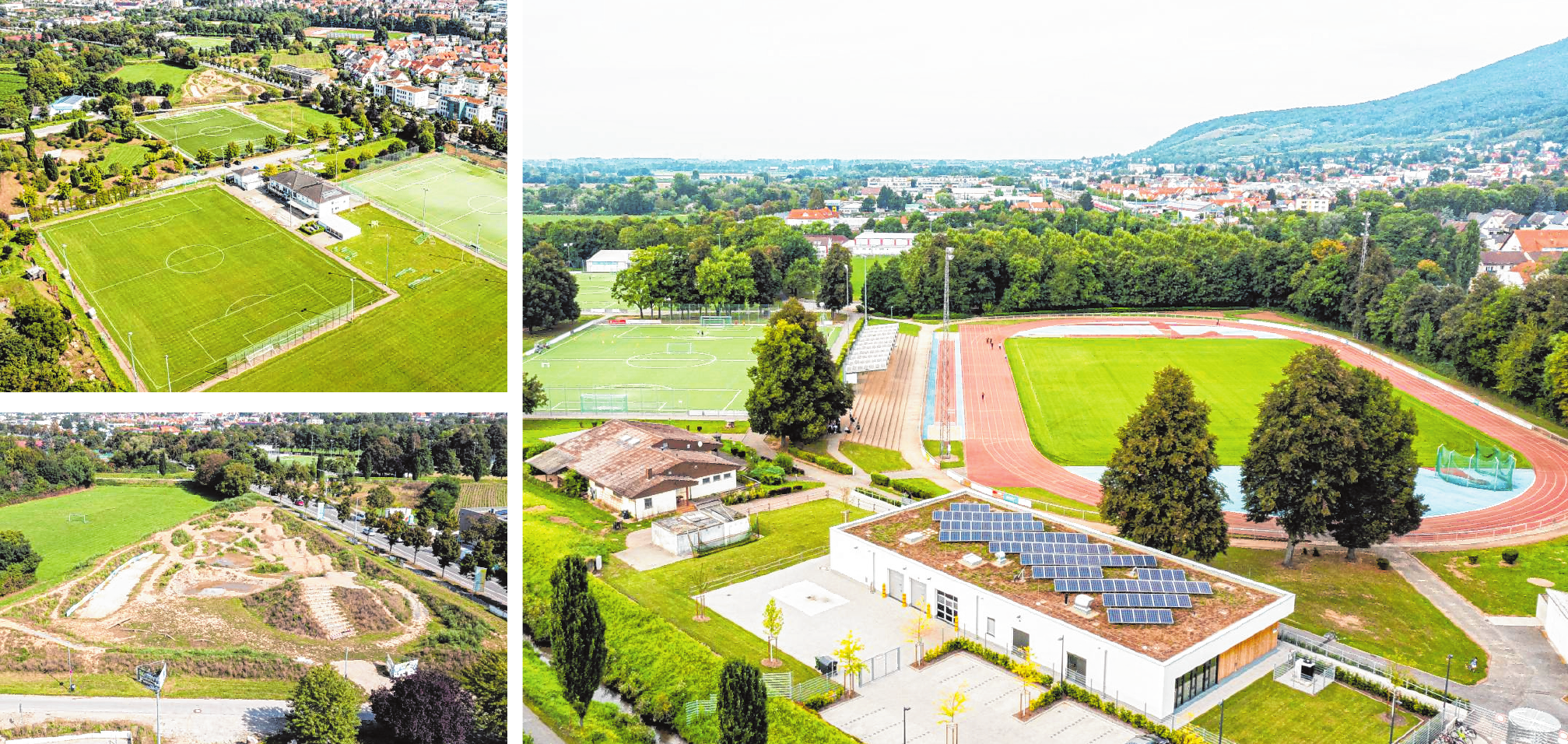Einige der Sportstätten am Berliner Ring aus der Luft gesehen: Sportpark West (links oben), Bikepark und Weiherhausstadion (rechts). Bilder: Showmaker