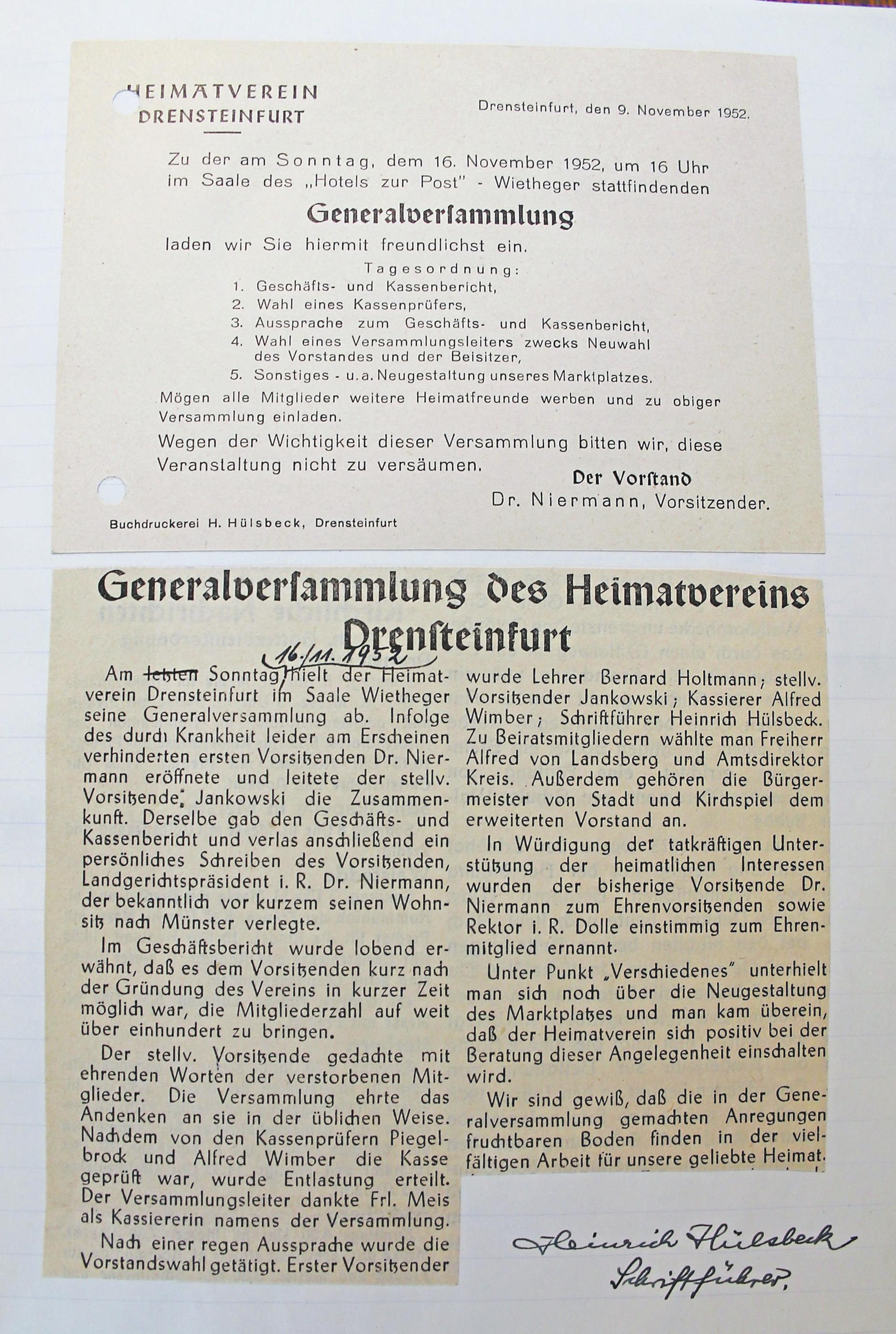 Das älteste vorhandene Dokument ist übrigens die Einladung zur Generalversammlung vom November 1952. Fotos: Nicole Evering Das älteste vorhandene Dokument ist übrigens die Einladung zur Generalversammlung vom November 1952. Fotos: Nicole Evering