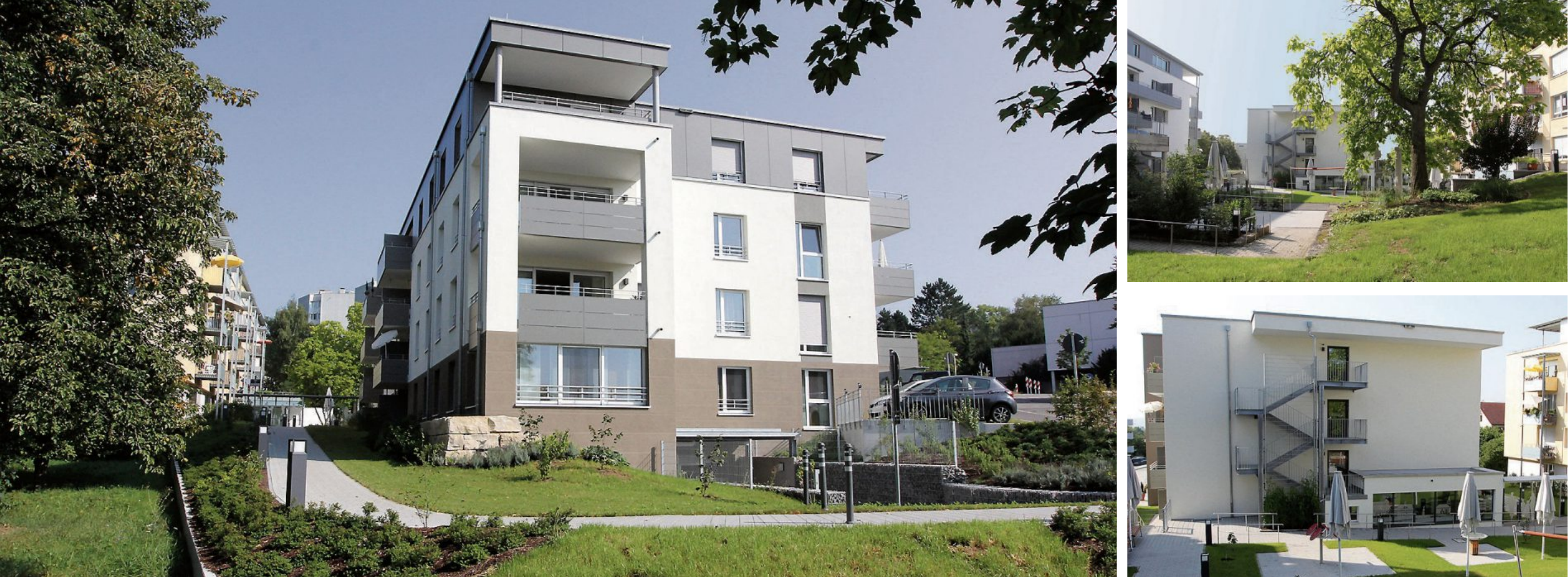 In den Wohnungen der Friess-Wilhelm-Residenz können ältere Menschen mit Pflegebedarf selbstbestimmt und dank digitaler Assistenzsysteme sicher leben. Der mit viel Grün und Naturstein gestaltete Quartiershof soll zumlebendigen Treffpunkt werden für die Bewohner der drei angrenzenden Häuser – neben der Friess-Wilhelm-Residenz das Luise-Wetzel-Stift und das neue GWG-Wohngebäude. Auf der Gartenebene befinden sich die Tagespflege sowie der Mobile Dienst. Bilder: Uhland2