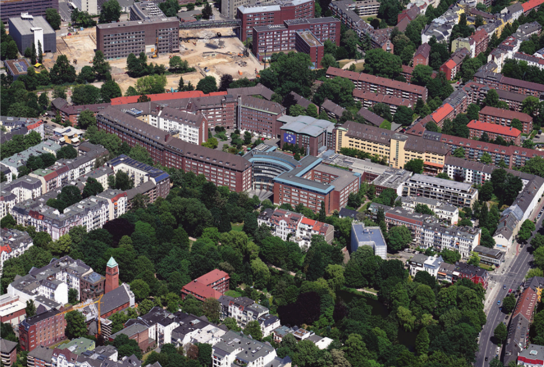 Auf dem Gelände der heutigen Beiersdorf-Zentrale wird das neue Stadtquartier entstehen. Die Konzern-Zentrale zieht an die Troplowitzstraße um. Dort wird 2023 der neue Beiersdorf Campus fertiggestellt Foto: TROMA