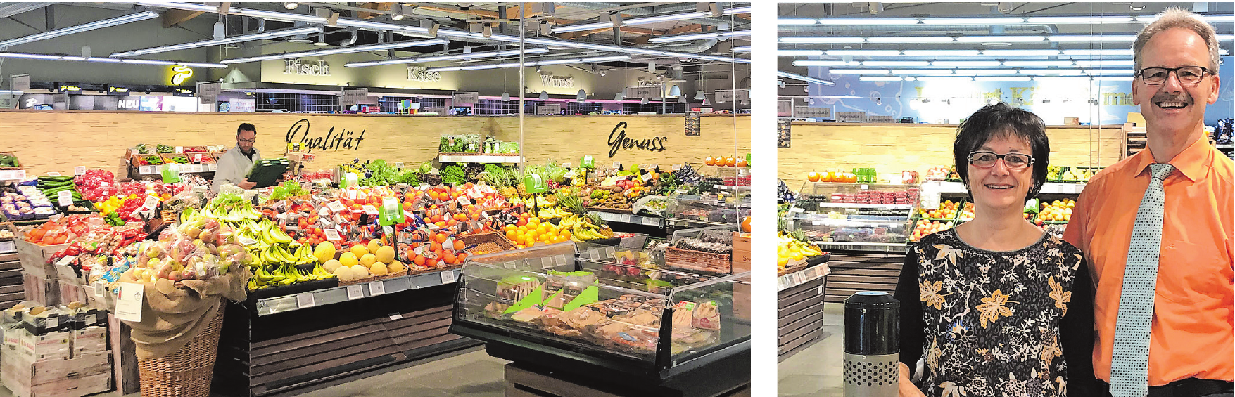 Links: Die Obst- und Gemüseabteilung bietet frische Produkte. Rechts: Birgit und Thomas Auracher liegt das Thema Nachhaltigkeit am Herzen. Fotos: Silja Wohl, privat Links: Die Obst- und Gemüseabteilung bietet frische Produkte. Rechts: Birgit und Thomas Auracher liegt das Thema Nachhaltigkeit am Herzen. Fotos: Silja Wohl, privat