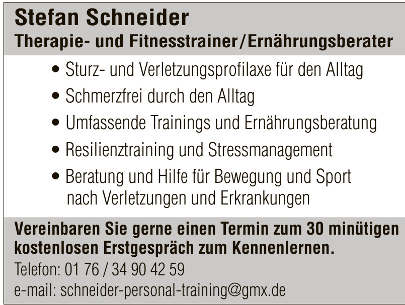 Stefan Schneider Therapie- und Fitnesstrainer/Ernährungsberater